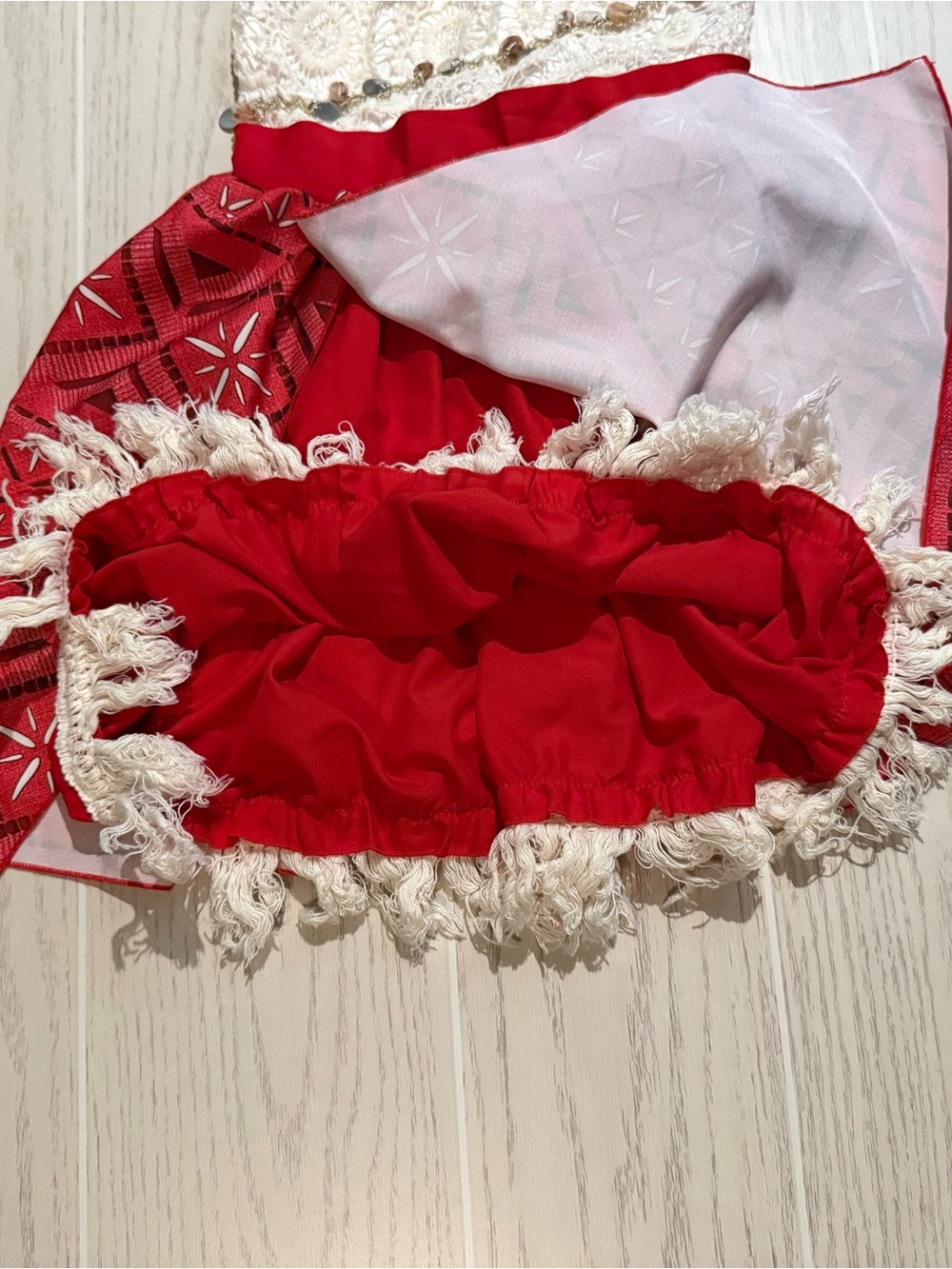 Moana Inspired Girls Costume Dress Size 120 5/6 Red White Fringe Beaded - Picture 5 of 14